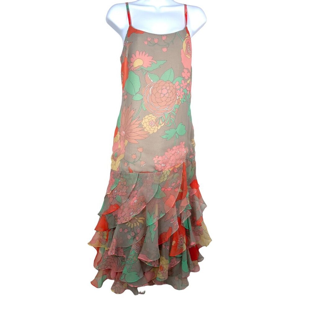 VTG Jack Bryan floral layered ruffle‎ Erika midi dress pink core sz 10